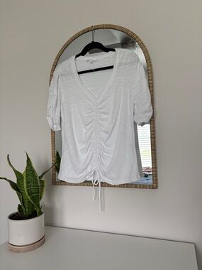 Jane+Delancey Ruched V-Neck White Women’s Blouse with Drawstring